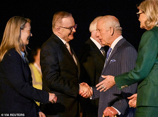 King Charles III and Queen Camilla were greeted by Prime Minister Anthony Albanese and his partner Mrs Jodie Haydon