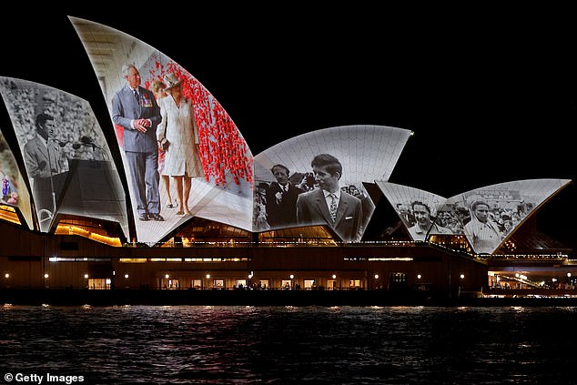 Images from throughout Charles' life were beamed to the iconic Sydney building