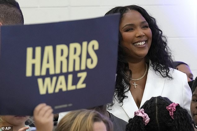 Singer Lizzo at a campaign event for Kamala Harris in Detroit on October 19