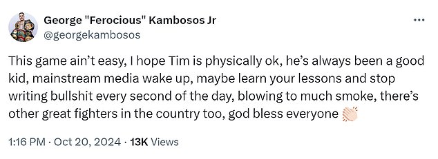 Australian ex-world champion George Kambosos Jr accused Tszyu of being all hype when he kicked the 29-year-old while sitting on a social media post (pictured)