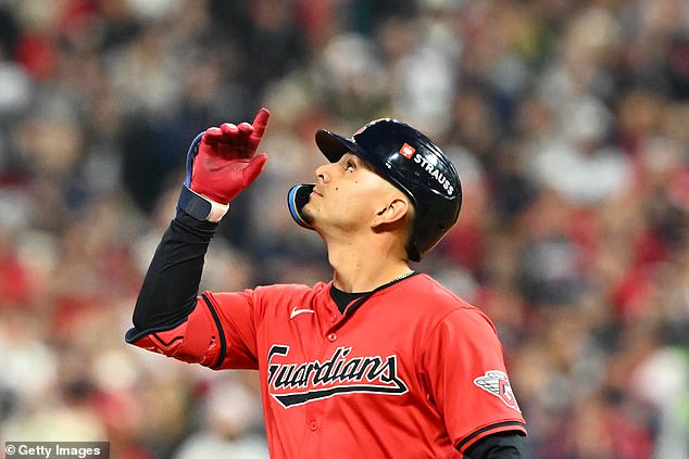 Andres Gimenez celebrates after a double in the fifth inning against the Yankees