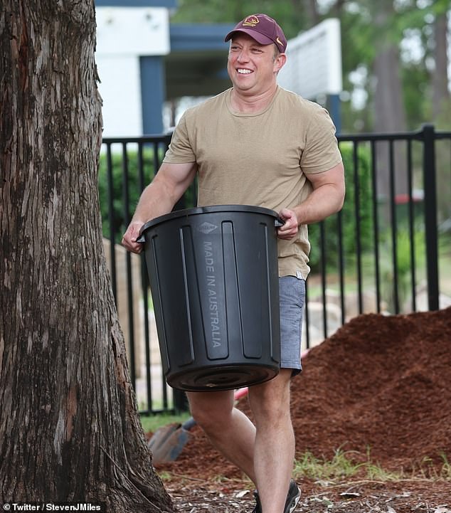 Miles has caused a stir after showing off his muscles in a professionally candid photo taken at a Brisbane school's worker bee