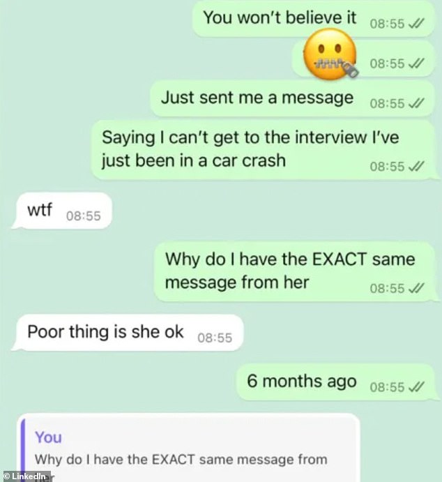 Ms Calder said many candidates claimed to have been in a car accident after a fellow recruiter shared this text exchange online