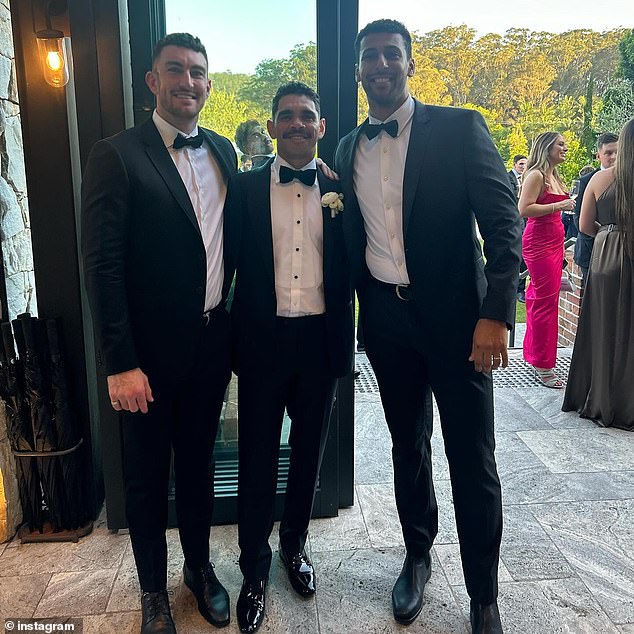 The Brisbane Lions forward married Caitlin at The Valley Estate in Currumbin on Saturday. Pictured from left to right: Daniel McStay, Charlie Cameron, Archie Smith