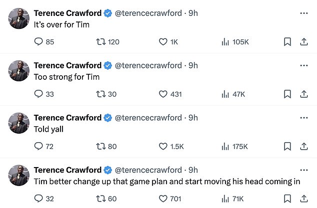 Crawford published several posts on X (formerly Twitter) during the fight, before writing: 