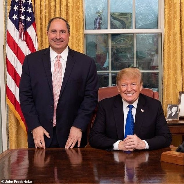 Fredericks says he has interviewed Donald Trump more than 75 times and chaired his Virginia campaigns in 2016 and 2020. He is pictured here in the Oval Office