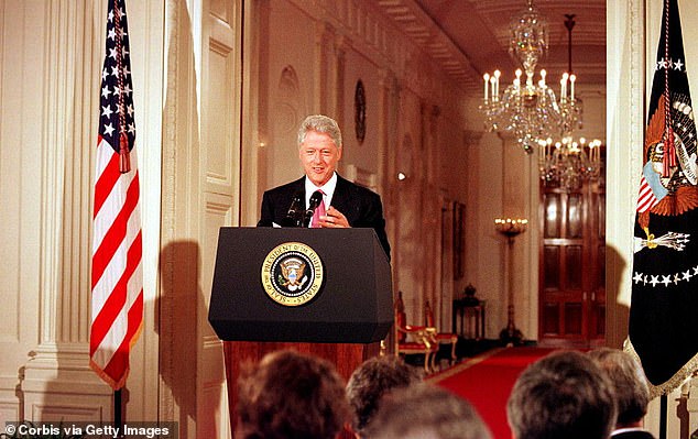 Pictured: Then-President Bill Clinton held a press conference in the East Room of the White House, where he discussed topics including the 1999 custody battle for Elian Gonzalez