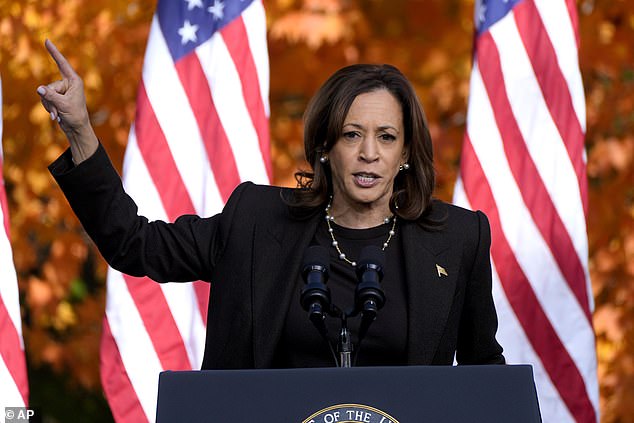 Democratic presidential candidate Vice President Kamala Harris speaks during a campaign rally in Riverside Park, Friday, Oct. 18, 2024, in Grand Rapids, Michigan