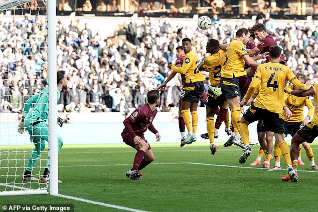 Stones jumped highest in a crowded Wolves penalty area and fired a powerful header towards goal