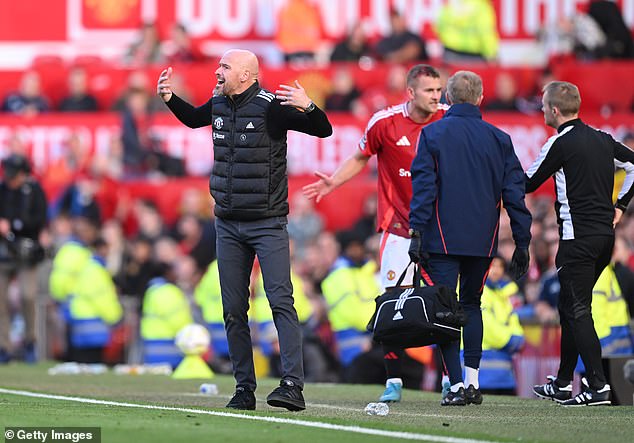 Erik ten Hag and Van Nistelrooy were shown yellow cards for their reactions after having to defend the corner with ten men at the end of the first half, while De Ligt's head was covered in blood