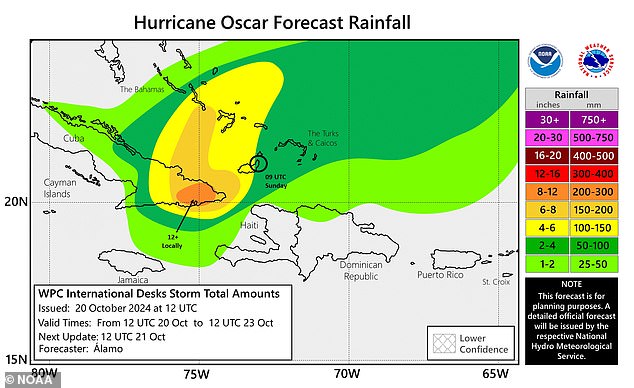 The National Hurricane Center said heavy rains from Hurricane Oscar will lead to flash flooding in areas of eastern Cuba, coupled with possible mudslides through Tuesday.