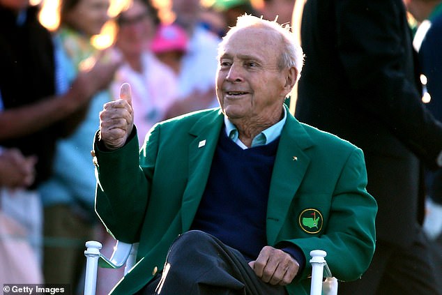 Palmer, a golf legend from the suburb where Trump held his rally, died in 2017 at the age of 87. He is seen here in one of his Masters jackets during the first round of the important tournament the year before