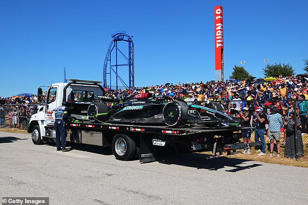 The Mercedes car, driven by 39-year-old Hamilton, had to be taken away by a recovery truck