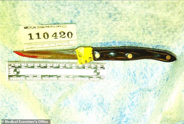 They charged in the lawsuit that the cover-up was orchestrated by Sam Gulino, then Philadelphia's chief medical examiner, and police, including Sergeant Tim Cooney and Detective John McNamee. In the photo: the knife found in her body