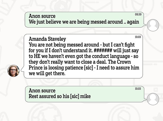 These are Amanda Staveley's messages leaked to The Telegraph. One says 'the crown prince is losing his patience'