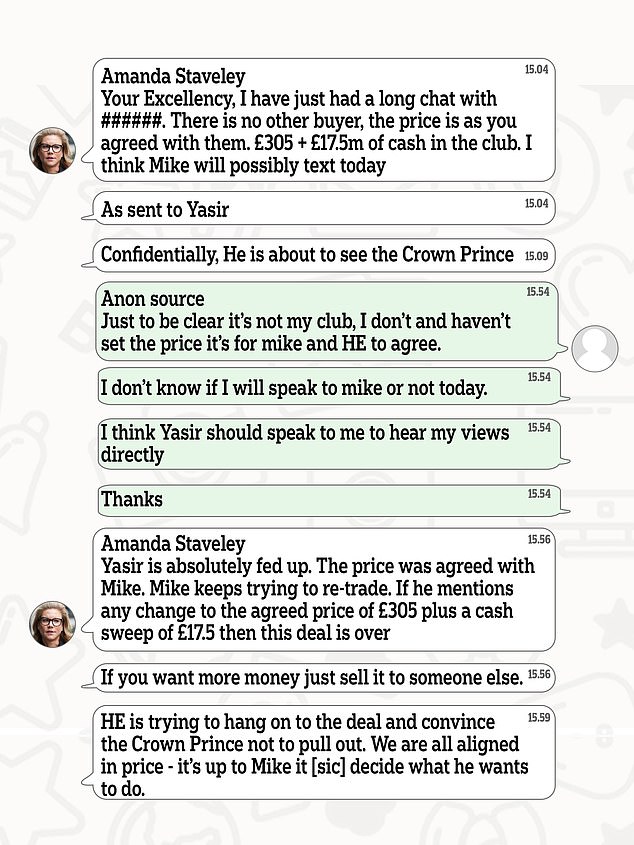 In the series of messages, Amanda Staveley talks about efforts to 'convince the Crown Prince not to withdraw'