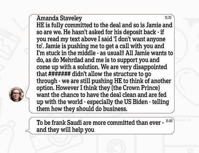 Leaked WhatsApp messages show Amanda Staveley saying the Saudis are 'more involved than ever'. She also makes many references to the crown prince in the messages seen by The Telegraph