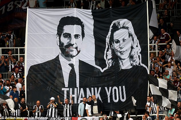 Newcastle United fans display thank you banner to former directors Amanda Staveley and husband Mehrdad Ghodoussi