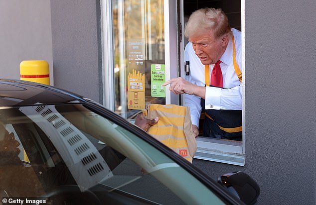 Asked about his own first summer job and entry-level positions, Trump told DailyMail.com through the drive-thru window: 'It requires expertise, I'm going through the whole french fry stuff. It's a whole process'