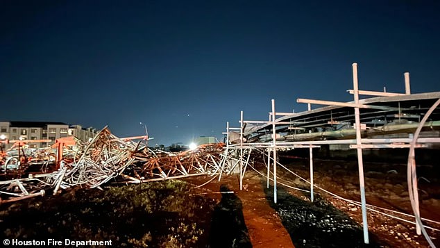 The crash occurred in Houston's Second Ward near Engelke Street and North Ennis Street just before 8 p.m. Sunday, bringing down the tower, Mayor John Whitmire said.