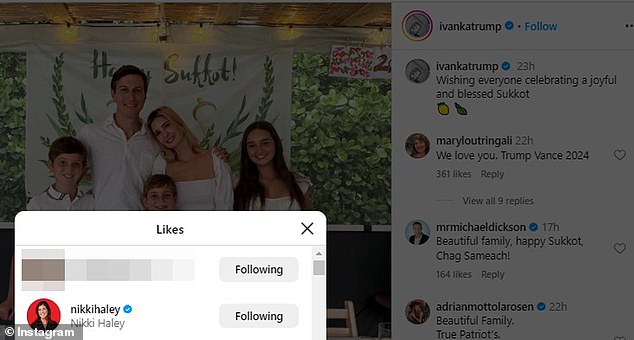 On Saturday, a hint at the thaw between Haley and Trump could be seen with the former South Carolina governor liked a photo posted by Ivanka