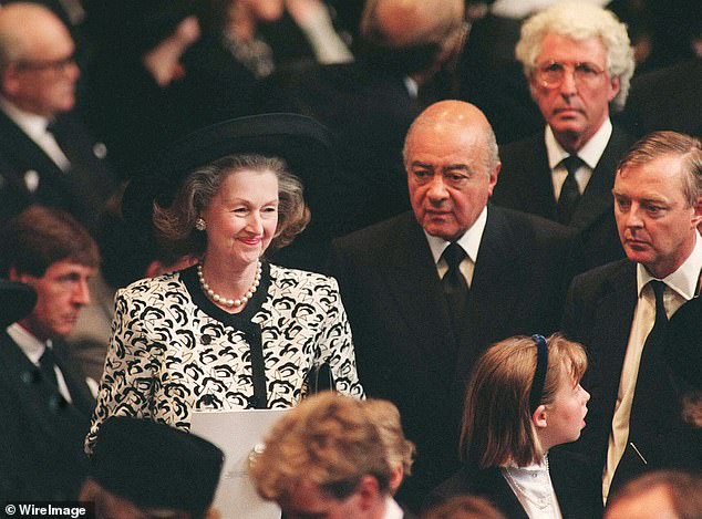 Raine with the now disgraced Mohamed Al Fayed attending Princess Diana's funeral in 1997