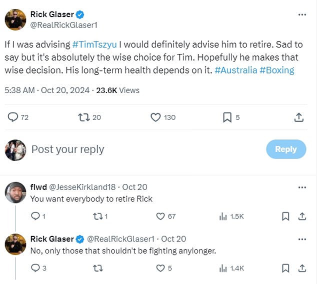 Matchmaker Rick Glaser took to X (formerly Twitter) to claim Tszyu should retire now