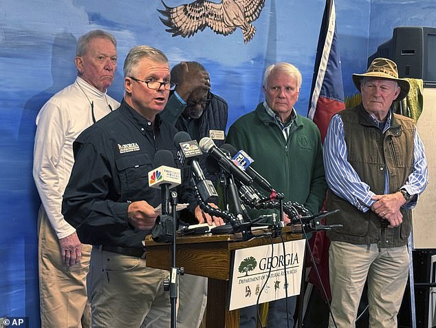 Walter Rabon, commissioner of the Georgia Department of Natural Resources, addressed the media Sunday at the Sapelo Island Visitor Center, next to Georgia State Rep. Buddy DeLoach, Rep. Al Williams, Ga House Speaker Jon Burns and McIntosh Sheriffs Stephen Jesup