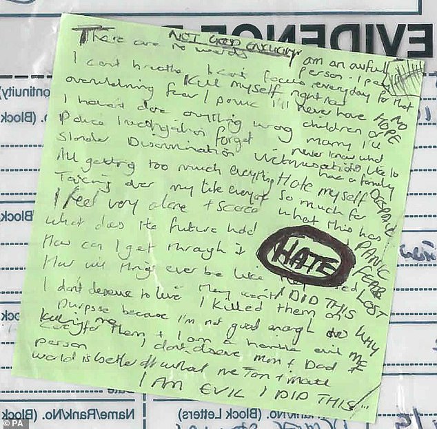 Photo released by the Crown Prosecution Service (CPS) of a note found in Lucy Letby's home, which was shown during her trial at Manchester Crown Court