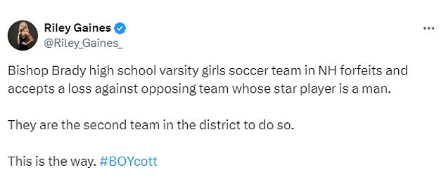 The Bishop Brady team's protest was also praised by former competitive swimmer Riley Gaines, who applauded them for accepting a 