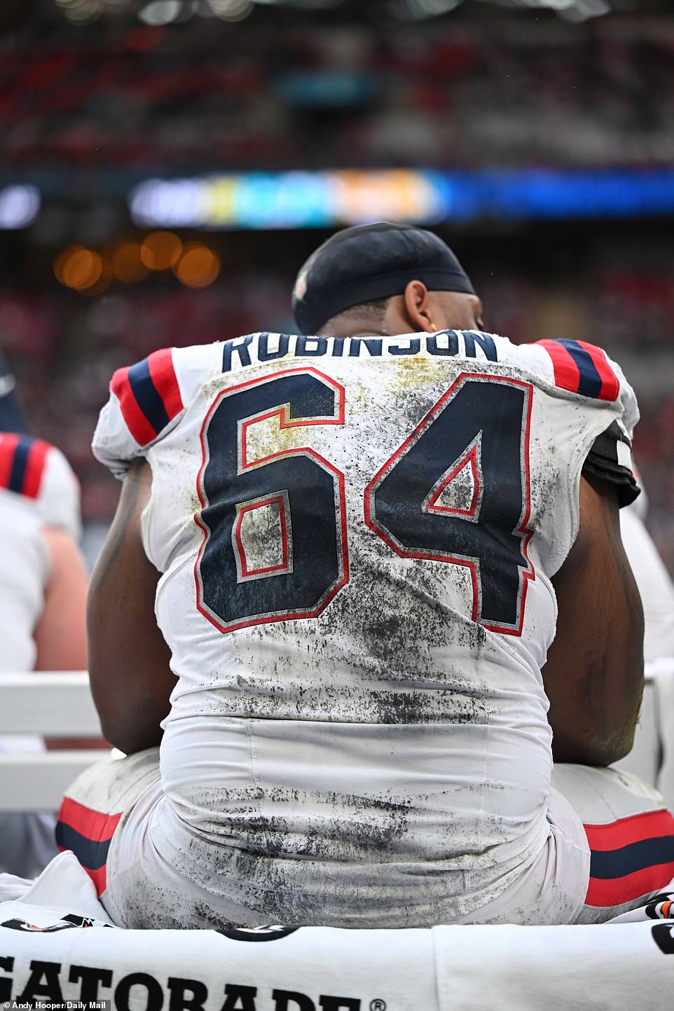 Patriots guard Layden Robinson watches as his side struggles against the Jaguars' offense, who desperately needed a win