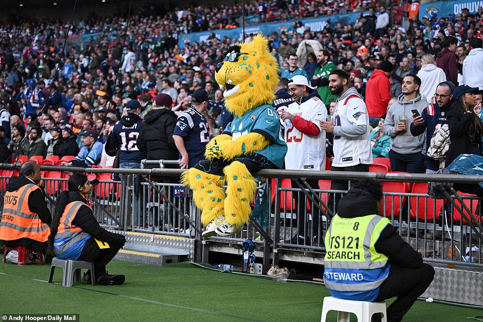 Jacksonville Jaguars mascot Jaxson de Ville takes a break while watching the action on the famous Wembley turf