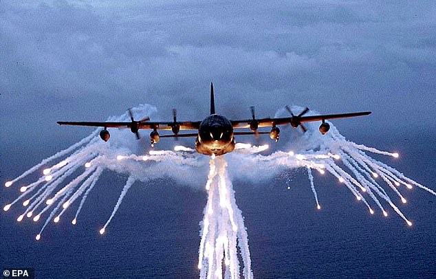 An American AC-130 gun deploys flares that can divert incoming missile threats