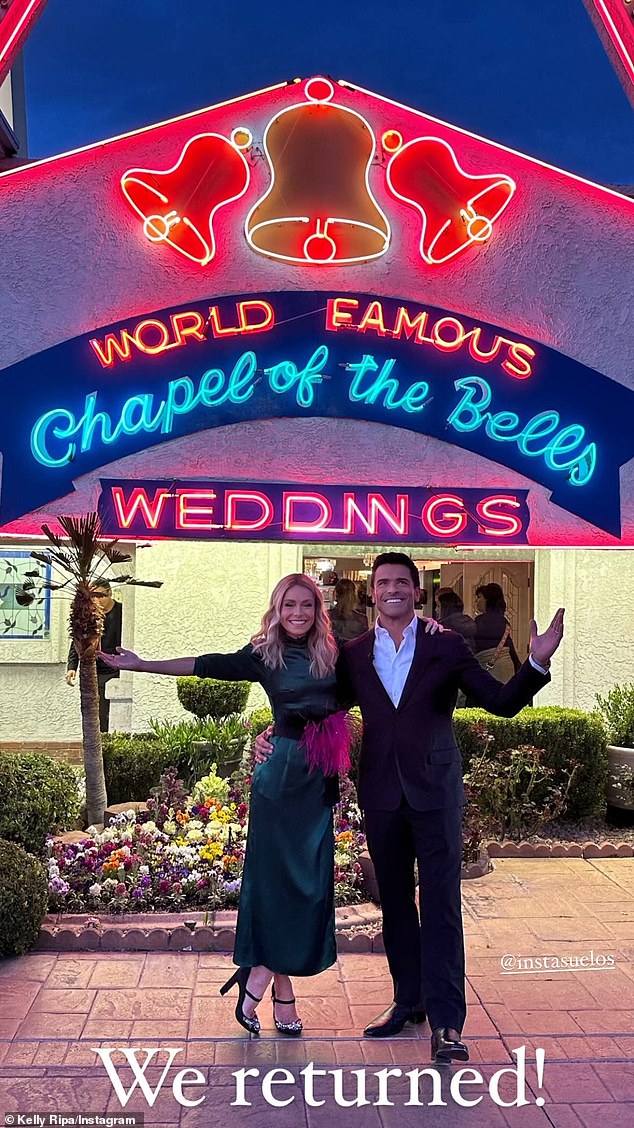 Ripa and Consuelos eloped to the Chapel of the Bells in Las Vegas in 1996 after just a year of dating, and returned for a visit in February (photo Feb 28)