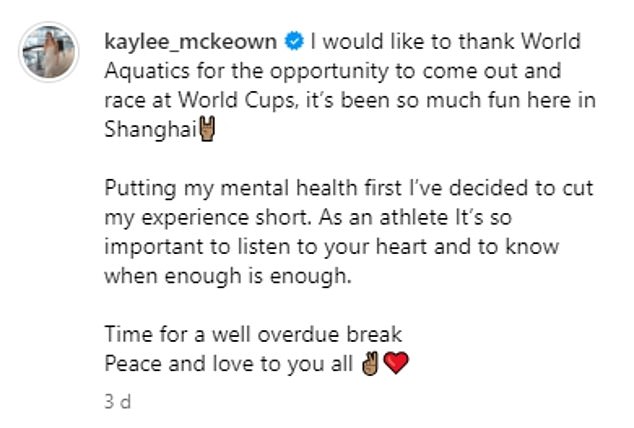 McKeown took to Instagram to make the announcement, stating that she was taking the break to put her mental health first