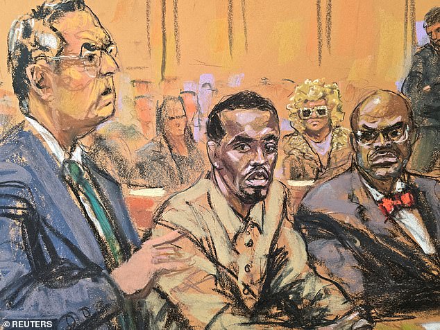 Pictured: Sean 'Diddy' Combs', accompanied by attorneys Marc Agnifilo and Anthony Ricco, and with his mother in the back, attends a hearing in federal court in the borough of Manhattan in New York City, U.S., October 10, 2024, in a courtroom sketch