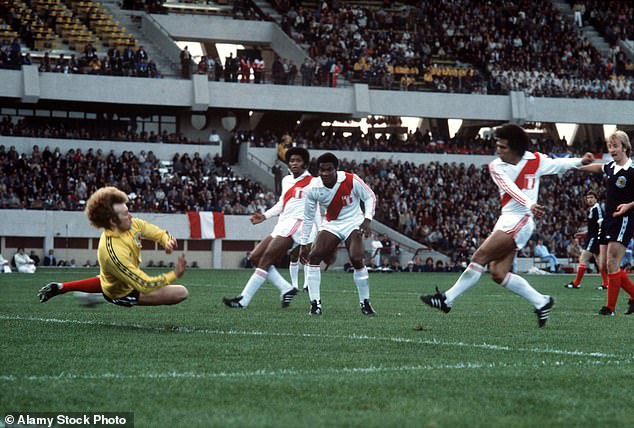 Peruvian Cesar Cueto fired past Scottish goalkeeper Alan Rough during the 1978 World Cup