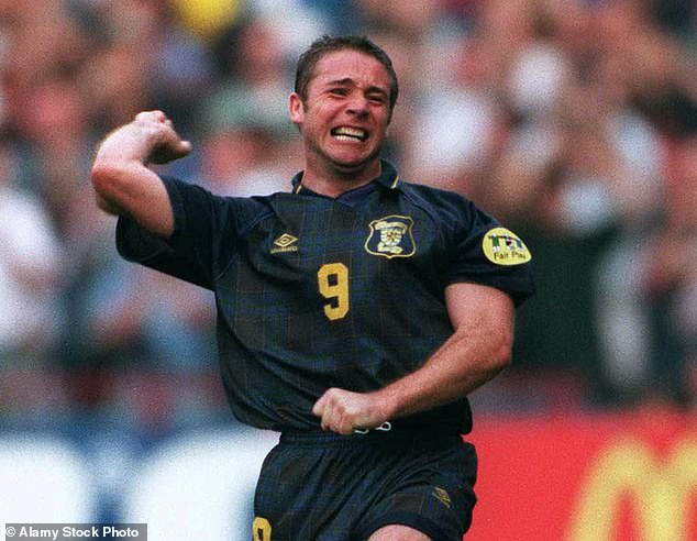 McCoist celebrates his goal against the Swiss, the last match Scotland have won in a final