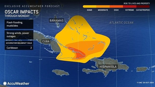 The storm is expected to move northeast toward the Bahamas on Tuesday, bringing up to eight inches of rain