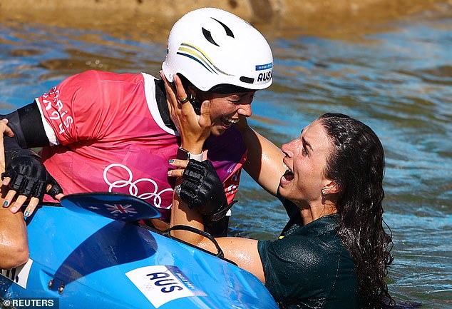 The emotion flowed over as her sister Noemie also claimed gold, with Jessica jumping into the water to celebrate with her