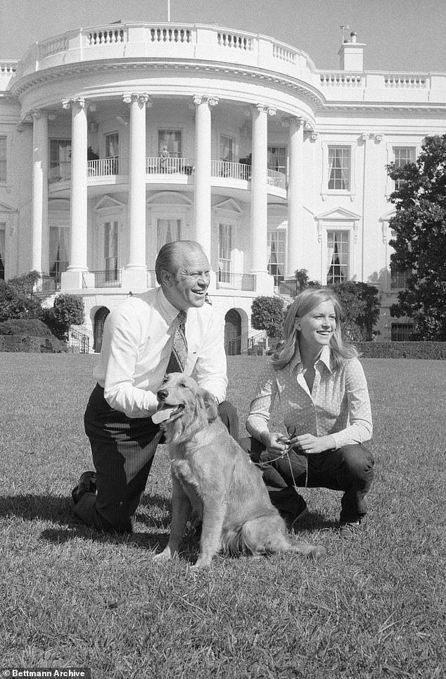 President Gerald Ford with daughter Susan and their dog outside the White House