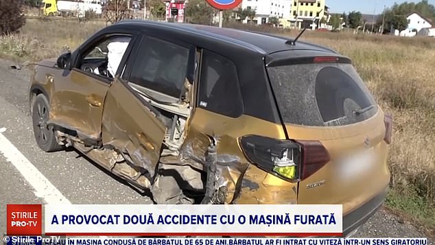 The Swiss hit five cars during the police chase. The photo above shows the damage to one car