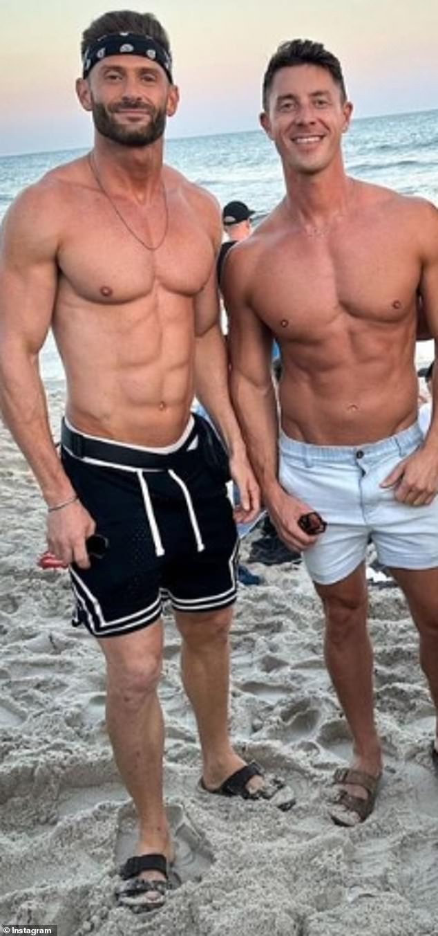 Bruno is pictured in happier times on the beach with his friend George Harlow