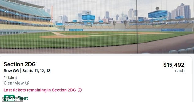 One seat behind home plate at Dodger Stadium went for $15,492 on StubHub