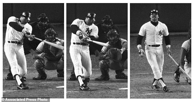 In this combination image, New York Yankees slugger Reggie Jackson hits HRs on three consecutive pitches from three different Dodgers pitchers during Game 6 of the 1977 World Series