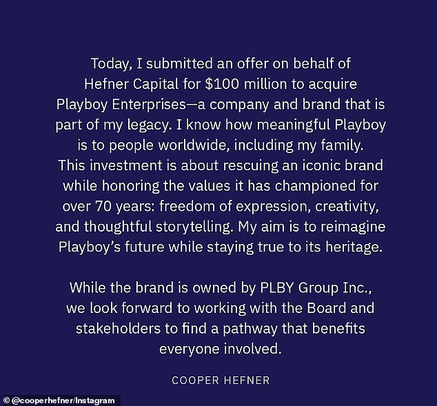 The 33-year-old announced he has made a $100 million offer to acquire Playboy Enterprises in a statement he posted to his Instagram on Monday.