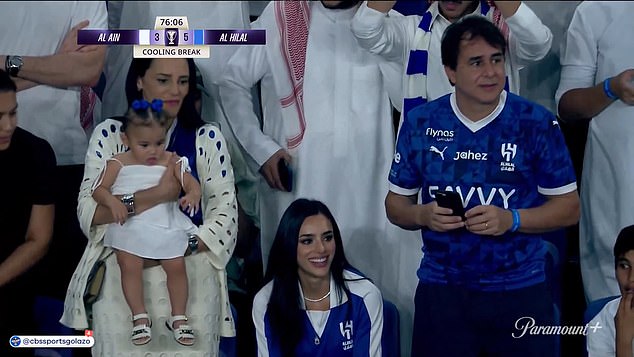 Neymar's girlfriend Bruna Biancardi (center), their daughter Mavie (left) and her parents were present to see the Brazilian make his comeback against Al-Ain