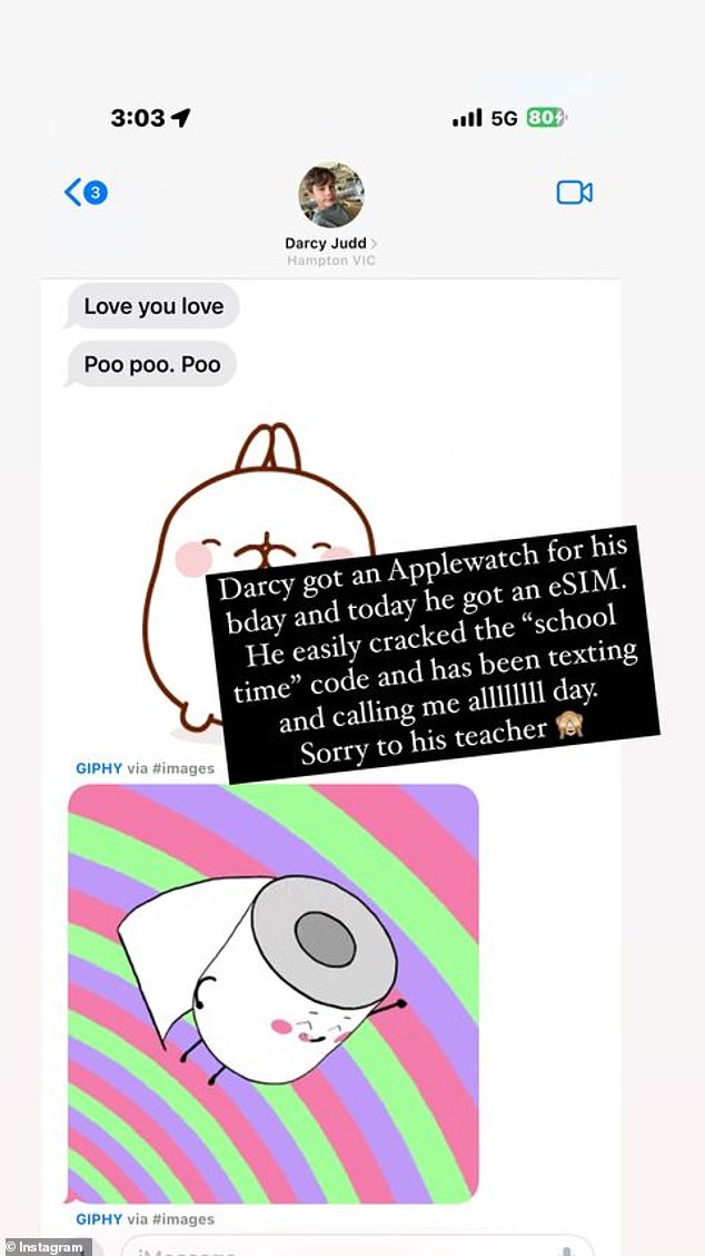 The Melbourne businesswoman and TV personality shared several screenshots of the messages she received from Darcy during school hours