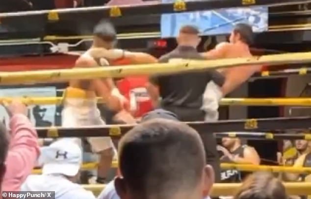 Abdurashidov knocked his opponent unconscious with an illegal head kick in the fourth round (pictured) before celebrating the act on social media