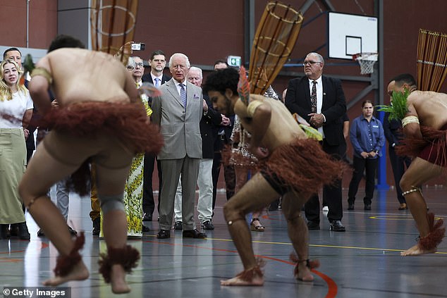 King Charles watched a performance by members of the indigenous community during his visit to the National Center for Indigenous Excellence